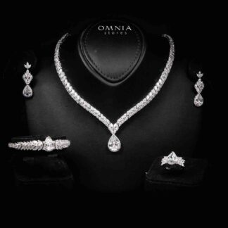 Omnia Aamira Teardrop-Design Bridal Crystal White Full Set with High-Quality Zircon Stones in Rhodium-Plated Finish
