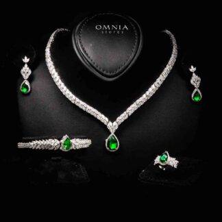 Omnia Aamira Teardrop-Design Bridal Crystal Emerald Green Full Set with High-Quality Zircon Stones in Rhodium-Plated Finish