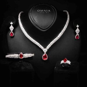 Omnia Aamira Teardrop-Design Bridal Red Full Set with High-Quality Zircon Stones in Rhodium-Plated Finish