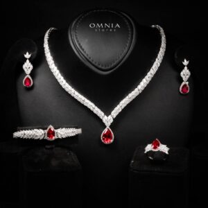 Omnia Aamira Teardrop-Design Bridal Red Full Set with High-Quality Zircon Stones in Rhodium-Plated Finish