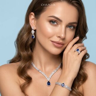 Omnia Aamira Teardrop-Design Bridal Navy Blue Full Set with High-Quality Zircon Stones in Rhodium-Plated Finish