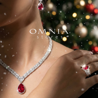 Omnia Aamira Teardrop-Design Bridal Red Full Set with High-Quality Zircon Stones in Rhodium-Plated Finish