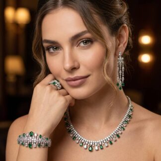 Omnia Nisrine Green Luxury Bridal Full Set in High Quality Zircon Stone Rhodium Plated