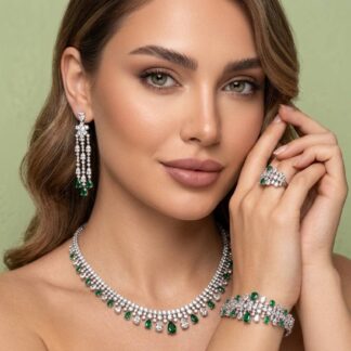 Omnia Nisrine Green Luxury Bridal Full Set in High Quality Zircon Stone Rhodium Plated