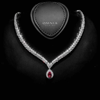 Omnia Aamira Teardrop-Design Bridal Maroon Full Set with High-Quality Zircon Stones in Rhodium-Plated Finish - Image 2