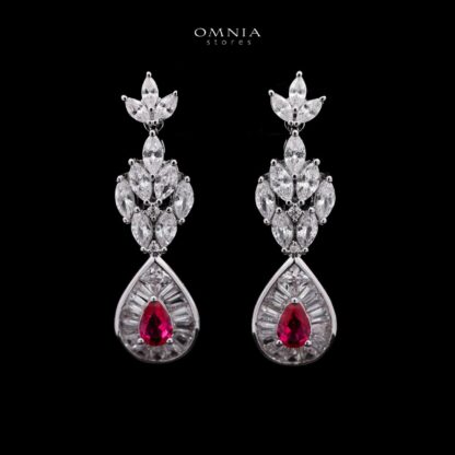 Omnia Aamira Teardrop-Design Bridal Maroon Full Set with High-Quality Zircon Stones in Rhodium-Plated Finish - Image 3
