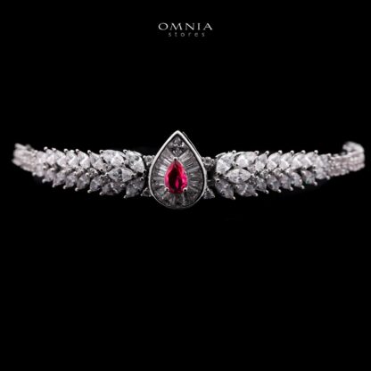 Omnia Aamira Teardrop-Design Bridal Maroon Full Set with High-Quality Zircon Stones in Rhodium-Plated Finish - Image 5