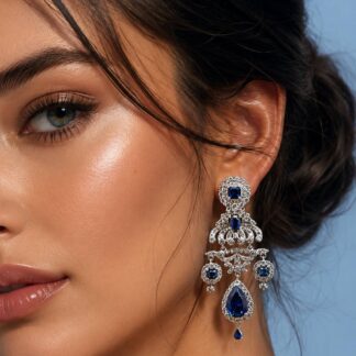 Omnia Amani Chandelier Earrings with Sapphire Blue Simulated Diamonds in 925 Silver