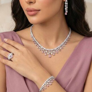 Omnia Syla Pink Collar Type Bridal Full Set with High Quality Zircon Stones in Rhodium Plated