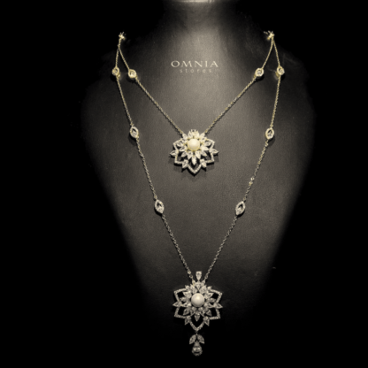 Omnia Safa Golden White Bridal Long Chain Set Accessories in High Quality Zircon Stone Rhodium Plated - Image 4