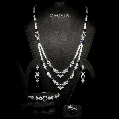Omnia Jade Blue and Green Bridal Long Chain Set Accessories in High Quality Zircon Stone Rhodium Plated - Image 3