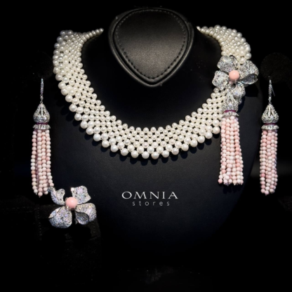 Omnia Ghadir Full Set with Fresh water Pearls and Pink Tassel Accents in 92.5 Silver High Quality Simulated Diamonds - Image 2