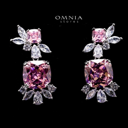 Omnia Francine Pink Cushion Cut Drop Earrings with White Accents in High Quality Zircon Stone Rhodium Plated - Image 3