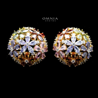Omnia Mikha Floral Dome Earrings with Multicolor Zircon in High Quality Rhodium Plated - Image 2