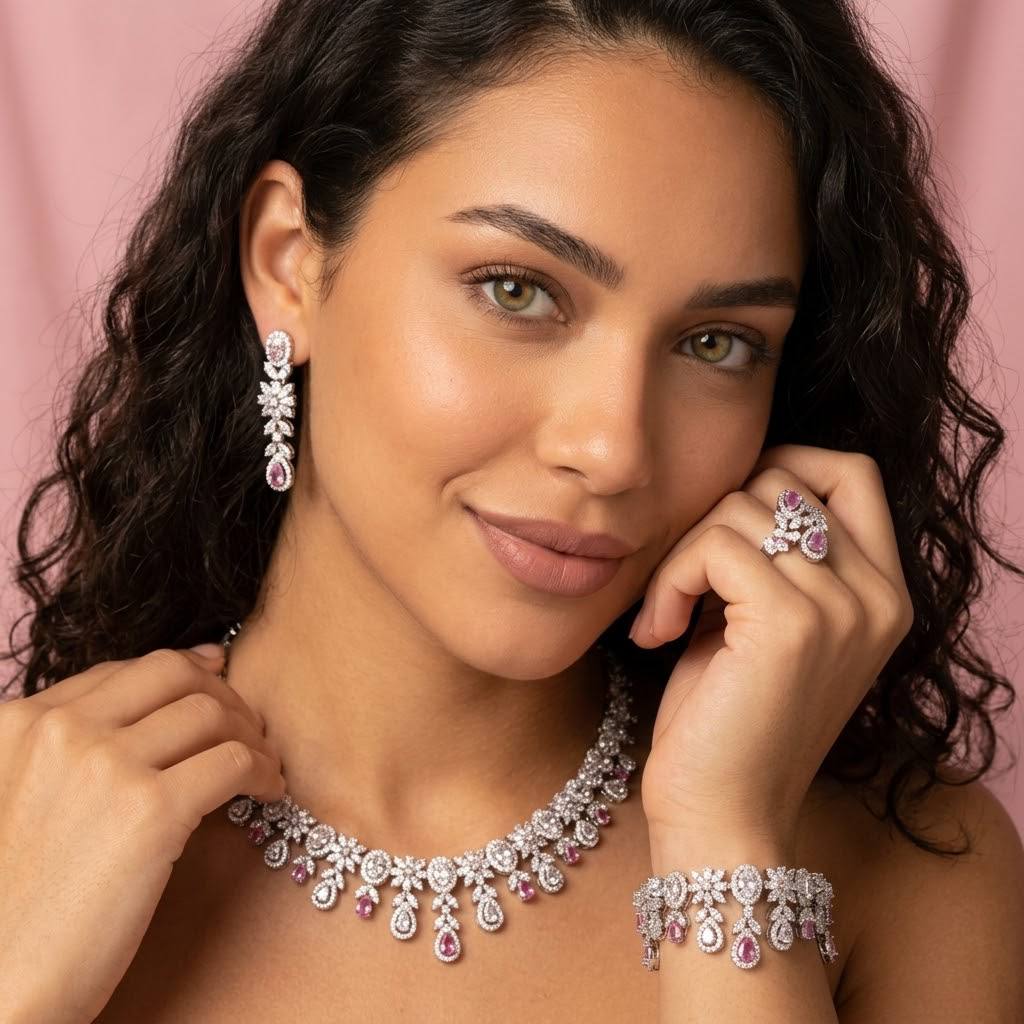 Omnia Trisha Pink Full set Accessories in High Quality Zircon Stone in Rhodium Plated - Image 2