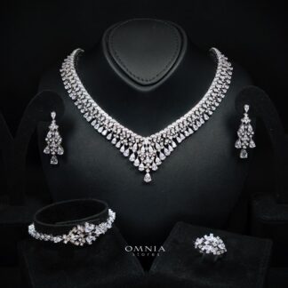 Omnia Melora White Luxury Bridal Full Set with Pear-Cut and Baguette Zircon in Cascading Design in High-Quality Rhodium Plated
