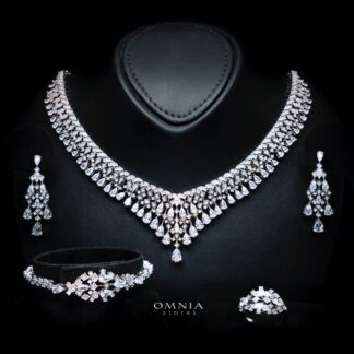 Omnia Melora White Luxury Bridal Full Set with Pear-Cut and Baguette Zircon in Cascading Design in High-Quality Rhodium Plated
