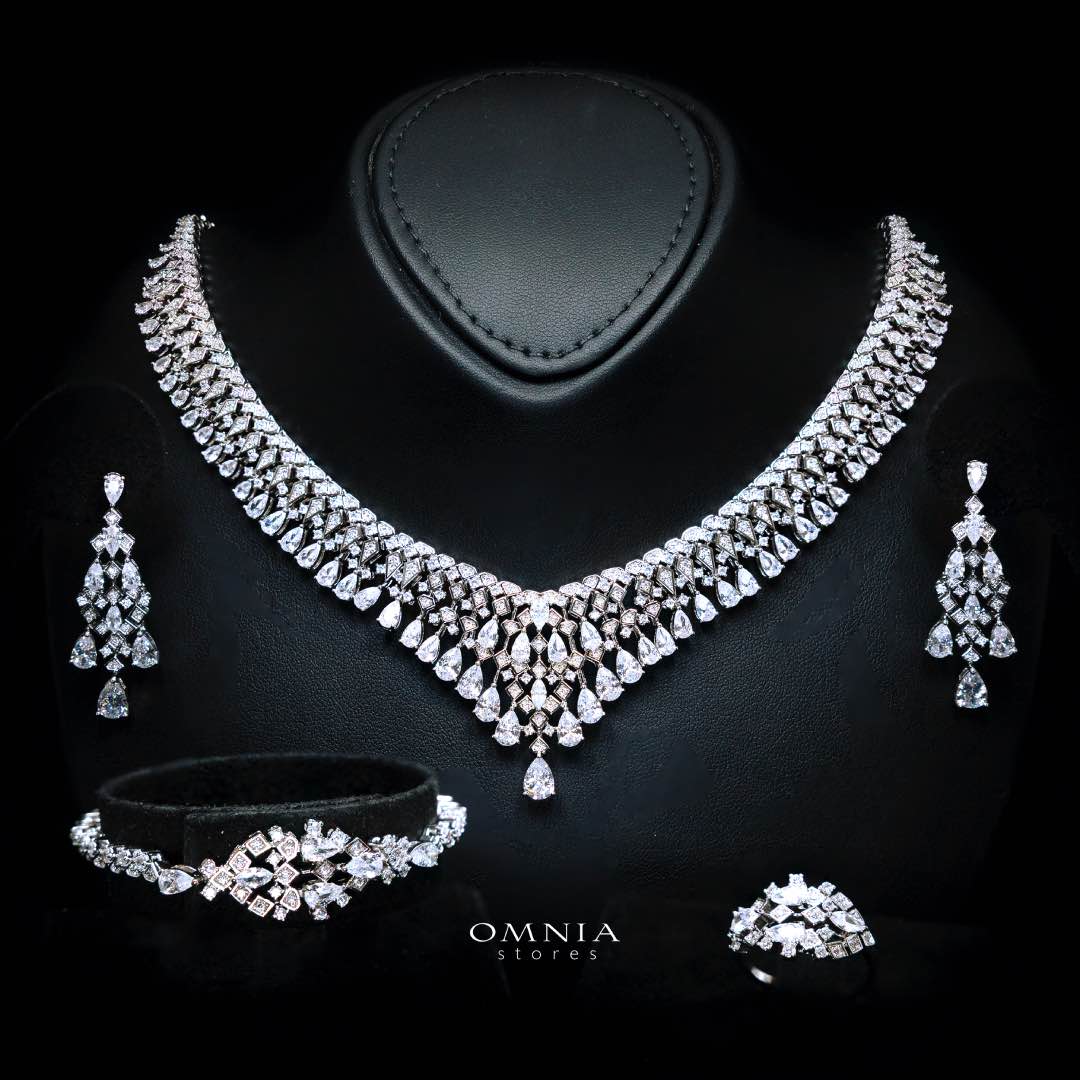 Omnia Melora White Luxury Bridal Full Set with Pear-Cut and Baguette Zircon in Cascading Design in High-Quality Rhodium Plated