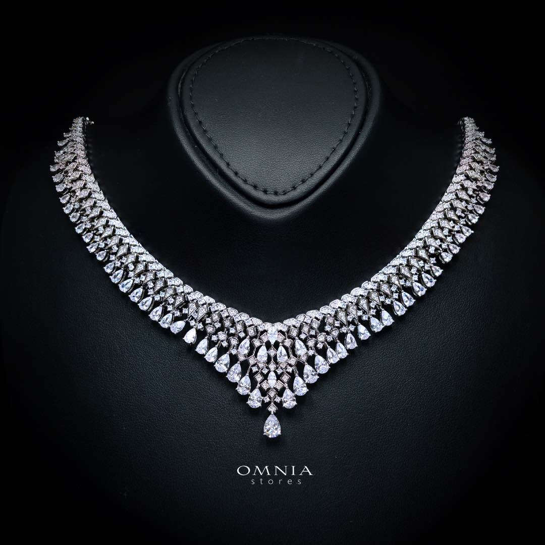 Omnia Melora White Luxury Bridal Full Set with Pear-Cut and Baguette Zircon in Cascading Design in High-Quality Rhodium Plated - Image 2