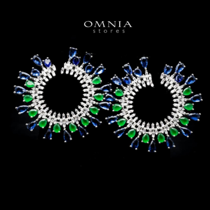 Omnia Nourah Hoop Earrings with Green and Blue Zircon in High Quality Rhodium Plated - Image 2