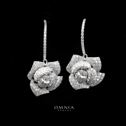 Omnia Rosenda Flower Earrings in High Quality Zircon Stone Rhodium Plated - Image 3