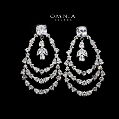 Omnia Haneen Tiered Drop Earrings with White Zircon in High Quality Rhodium Plated - Image 3