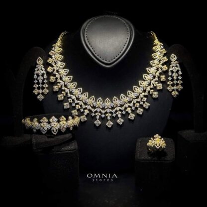 Omnia Hana Golden Bridal Full Set with Square and Teardrop Cut Stones in High Quality Zircon Stone in Rhodium Plated - Image 3