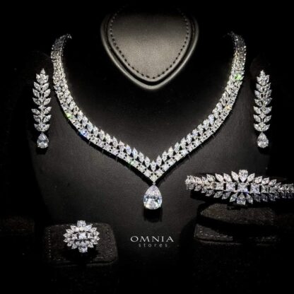 Omnia Dalal Bridal White Full Set with Teardrop Design in High Quality Zircon Stone Rhodium Plated - Image 3