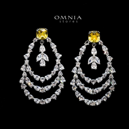 Omnia Haneen Tiered Drop Earrings with Yellow and White Zircon in High Quality Rhodium Plated - Image 3