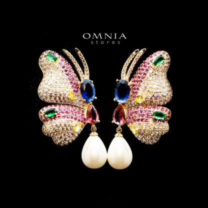 Omnia Farah Golden Butterfly Earrings with Multicolor Accents and Pearl Drops in High Quality Zircon Stone Rhodium Plated - Image 3
