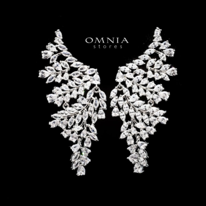 Omnia Aysha Leaf Cluster Earrings with White Zircon Stone in High Quality Rhodium Plated - Image 3