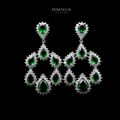 Omnia Hamem Teardrop Chandelier Earrings with Green Zircon in High Quality Rhodium Plated - Image 2