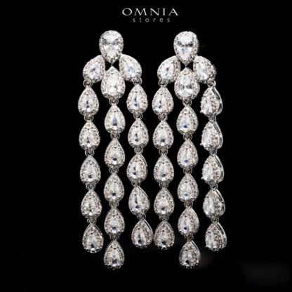 Omnia Sunshine White Cascade Drop Earrings in High Quality Zircon Stone Rhodium Plated - Image 3