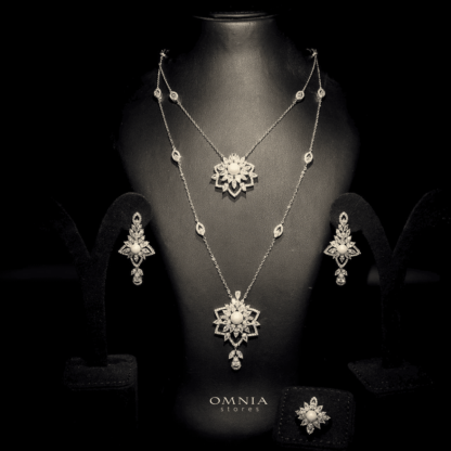 Omnia Safa Golden White Bridal Long Chain Set Accessories in High Quality Zircon Stone Rhodium Plated - Image 5