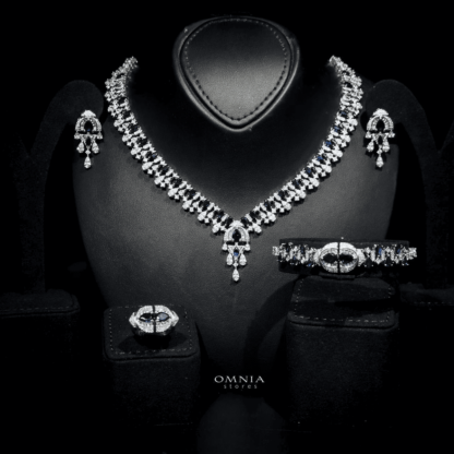 Omnia Rafi Blue Bridal Full Set with Elegant White and Simulated Diamonds in High-Quality Rhodium Plated Finish - Image 7