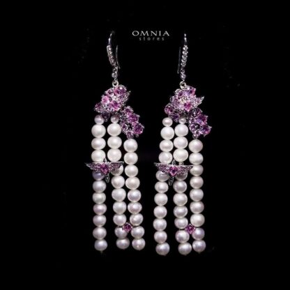 Omnia Blossom Pearl Drop Earrings in 92.5 Silver with Pink Accents and High Quality Simulated Diamonds - Image 3
