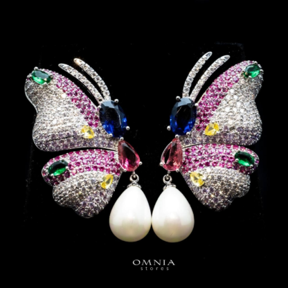 Omnia Farah Silver Butterfly Earrings with Multicolor Accents and Pearl Drops in High Quality Zircon Stone Rhodium Plated - Image 3