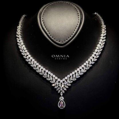 Omnia Lilia Pink Bridal Full Set with Teardrop Pendant and Leaf Cut Stones in High Quality Zircon Stone in Rhodium Plated - Image 2