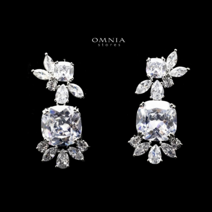 Omnia Francine White Cushion Cut Drop Earrings in High Quality Zircon Stone Rhodium Plated - Image 2
