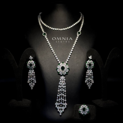 Omnia Ola Green Bridal Long chain Set Accessories in High Quality Zircon Stone Rhodium Plated - Image 4