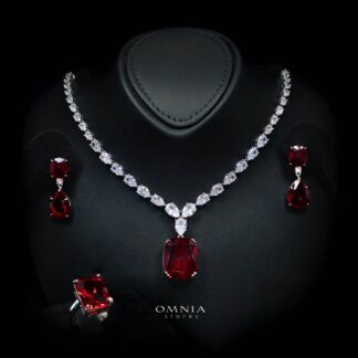 Omnia Audrey Red Bridal Full Set in High Quality Simulated Diamonds with Cushion Cut Stones, Rhodium Plated