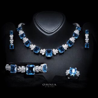 Omnia Amelia Sky Blue Bridal Full Set with Emerald and Pear-Cut High-Quality Simulated Diamonds in High-Quality Rhodium Plating