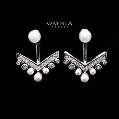 Omnia Ayenn Geometric Pearl Stud Earrings with White Zircon Accents in High Quality Rhodium Plated. - Image 3