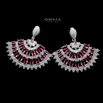 Omnia Nancy Fan Shaped Earrings with Red Zircon Stone in High Quality Rhodium Plated - Image 3