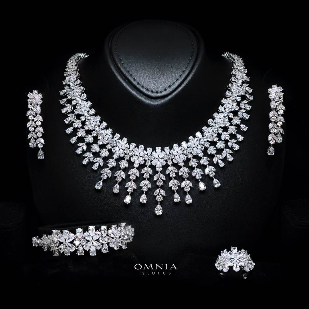 Omnia Reema Pure White Luxury Bridal Full Set in High Quality Zircon Stone Rhodium Plated