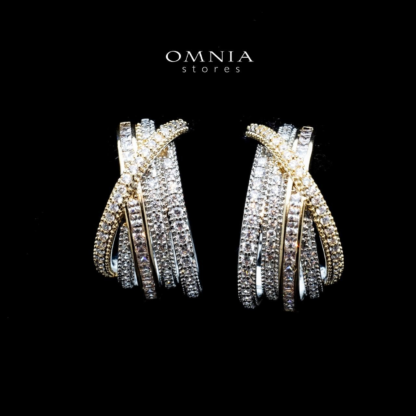 Omnia Tiffany Double Tone Wrap Hoop Earrings with White Zircon in High Quality Rhodium Plated - Image 3