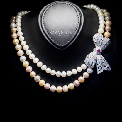 Omnia Arleth Multi-Color Real Pearl Set with Bow Accent and High-Quality Simulated Diamonds, Featuring a Double-Strand Design - Image 3