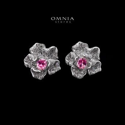 Omnia Silver Floral Stud Earrings with Oval-Cut Pink Center Stone & Pave-Set Simulated Diamonds in 92.5 Silver - Image 4