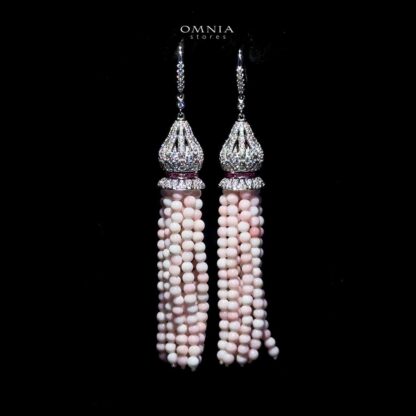 Omnia Ghadir Pink Tassel Earrings with Real Beads in 92.5 Silver and High Quality Simulated Diamonds - Image 4
