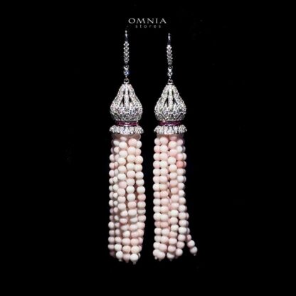 Omnia Ghadir Pink Tassel Earrings with Real Beads in 92.5 Silver and High Quality Simulated Diamonds - Image 3